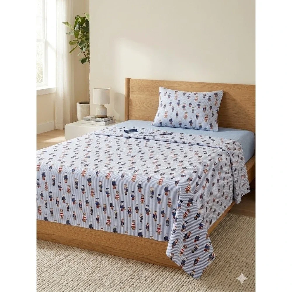 Vintage Ralph Lauren Polo Bear Queen‎ Flat Sheet Standard Pillowcase Blue Stripe